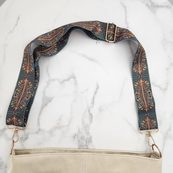 Unisex Creamy White Pu Leather Tote Bag with Patterned Boho Strap - Picture 6 of 14